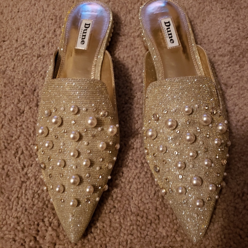 Metallic pearl and rhinestone mules
